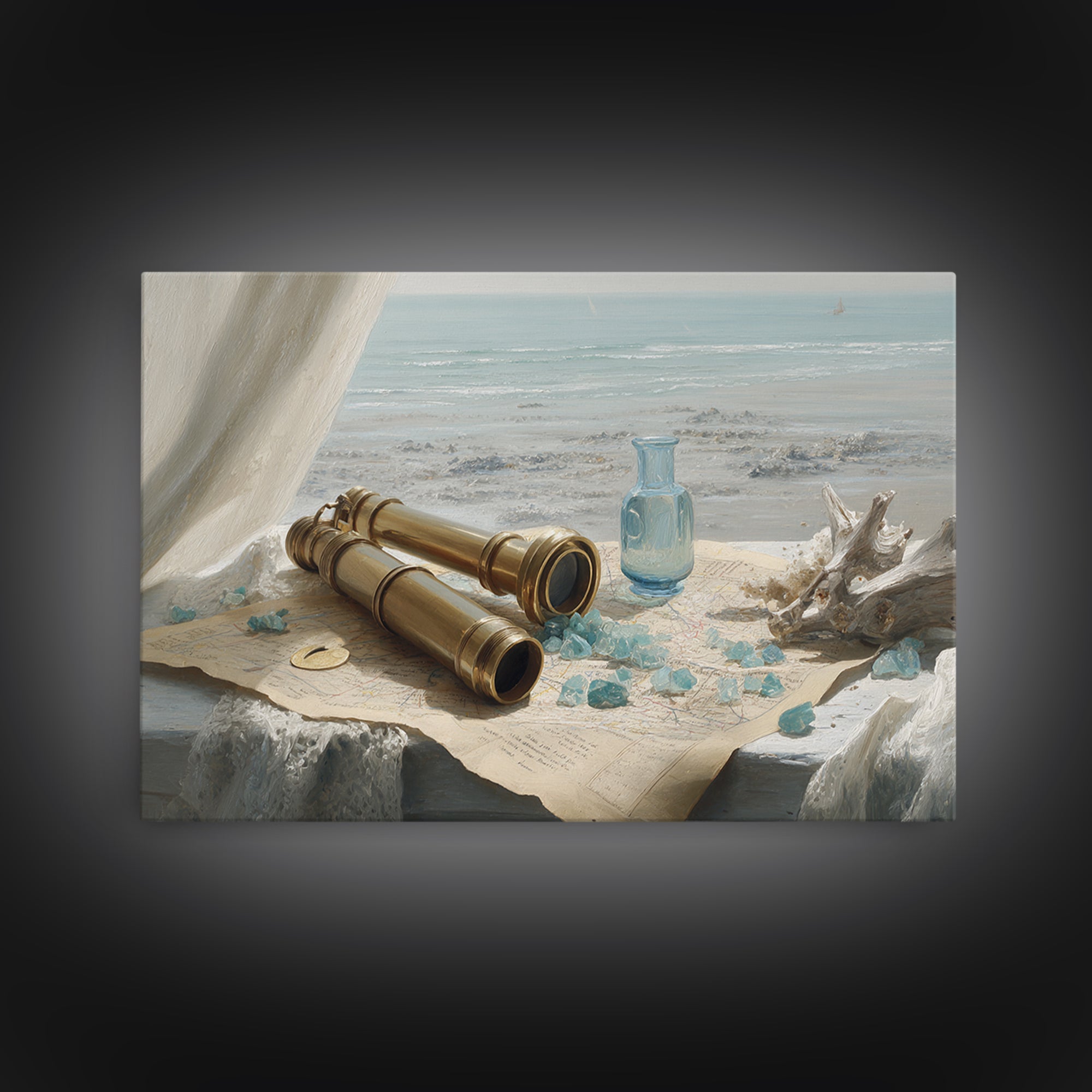Brass Telescope and Old Map Still Life Framed Canvas Print, Nautical Art, Ocean Art, Coastal Decor, Oil Painting, Harbor, NAU-3x2-82