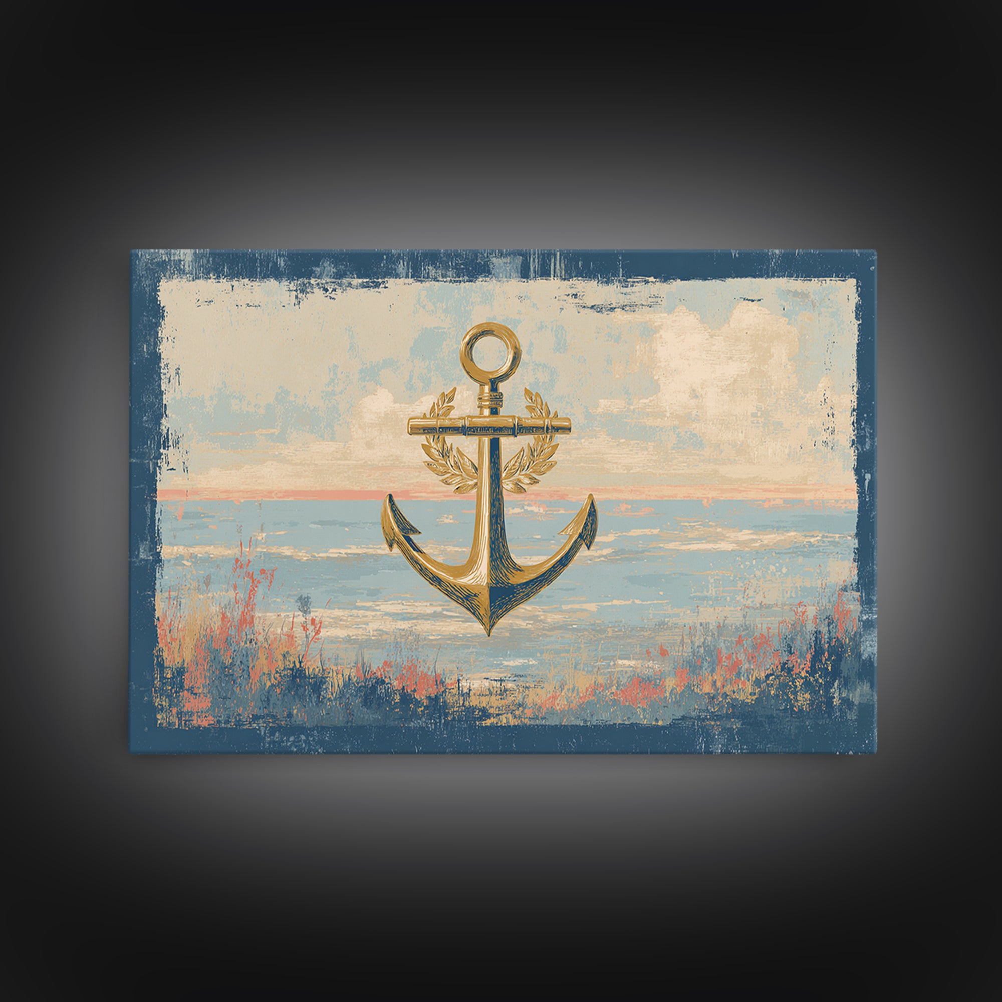 Anchor and Laurel Nautical Crest Without Text Framed Canvas Print, Nautical Art, Beach Decor, Coastal Decor, Fine Art, Harbor, NAU-3x2-9