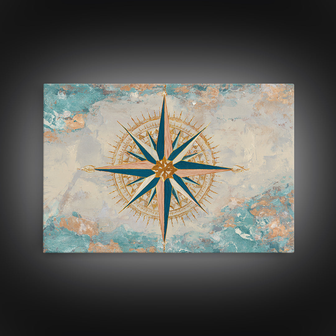 Nautical Star Compass Rose Framed Canvas Print, Nautical Art, Beach Print, Coastal Decor, Fine Art, Harbor, Luxury Decor, NAU-3x2-90