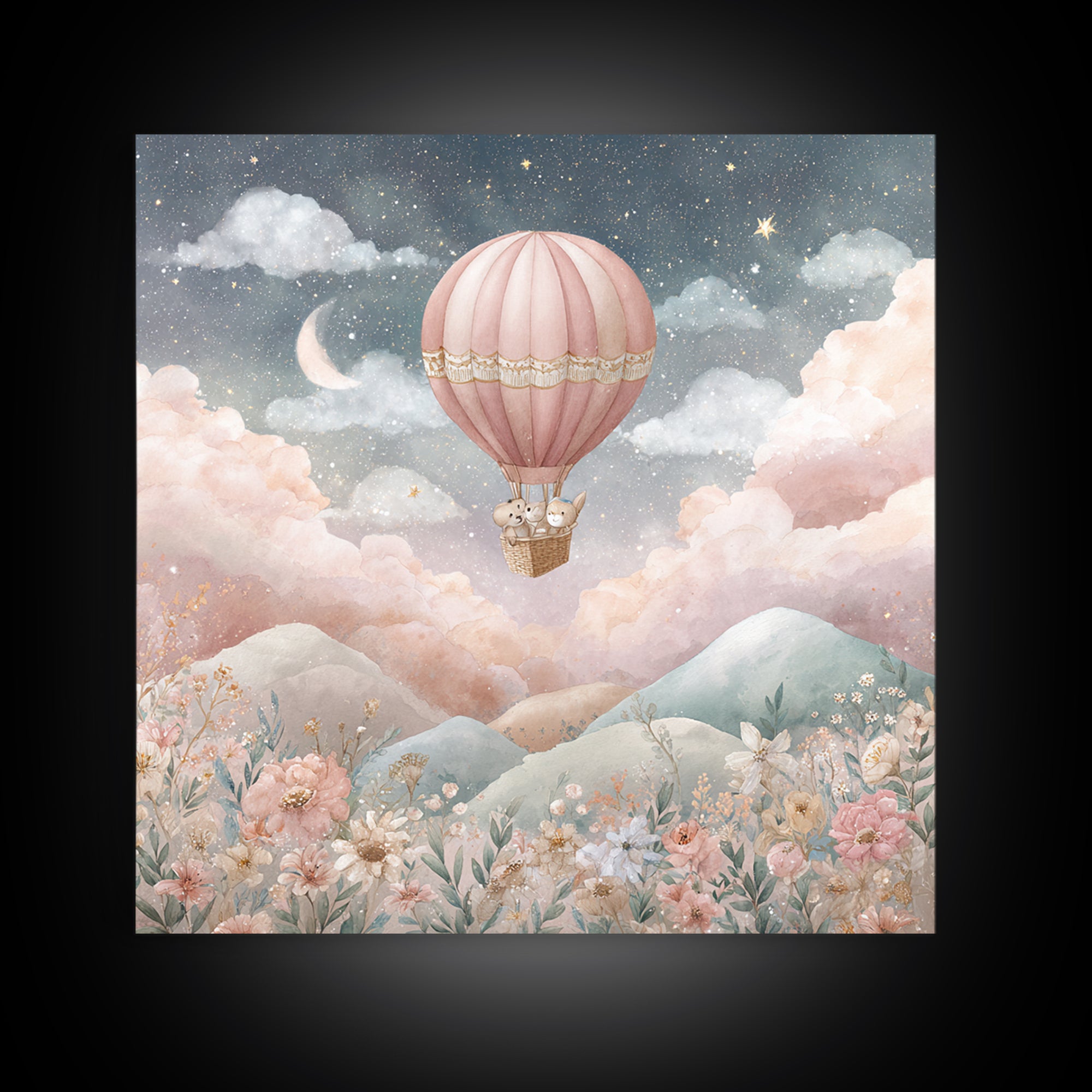 Hot Air Balloon Drifting Framed Canvas Print, Nursery Decor, Art Print, Nursery, Woodland Nursery Decor, Nursery Prints, NDE-1x1-12