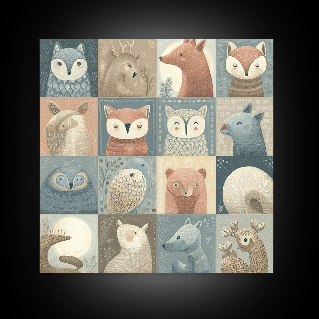 Woodland Animal Parade Framed Canvas Print, Nursery Decor, Wall Light, Fine Art, Nursery, Statement Artwork, Boho Decor, NDE-1x1-2