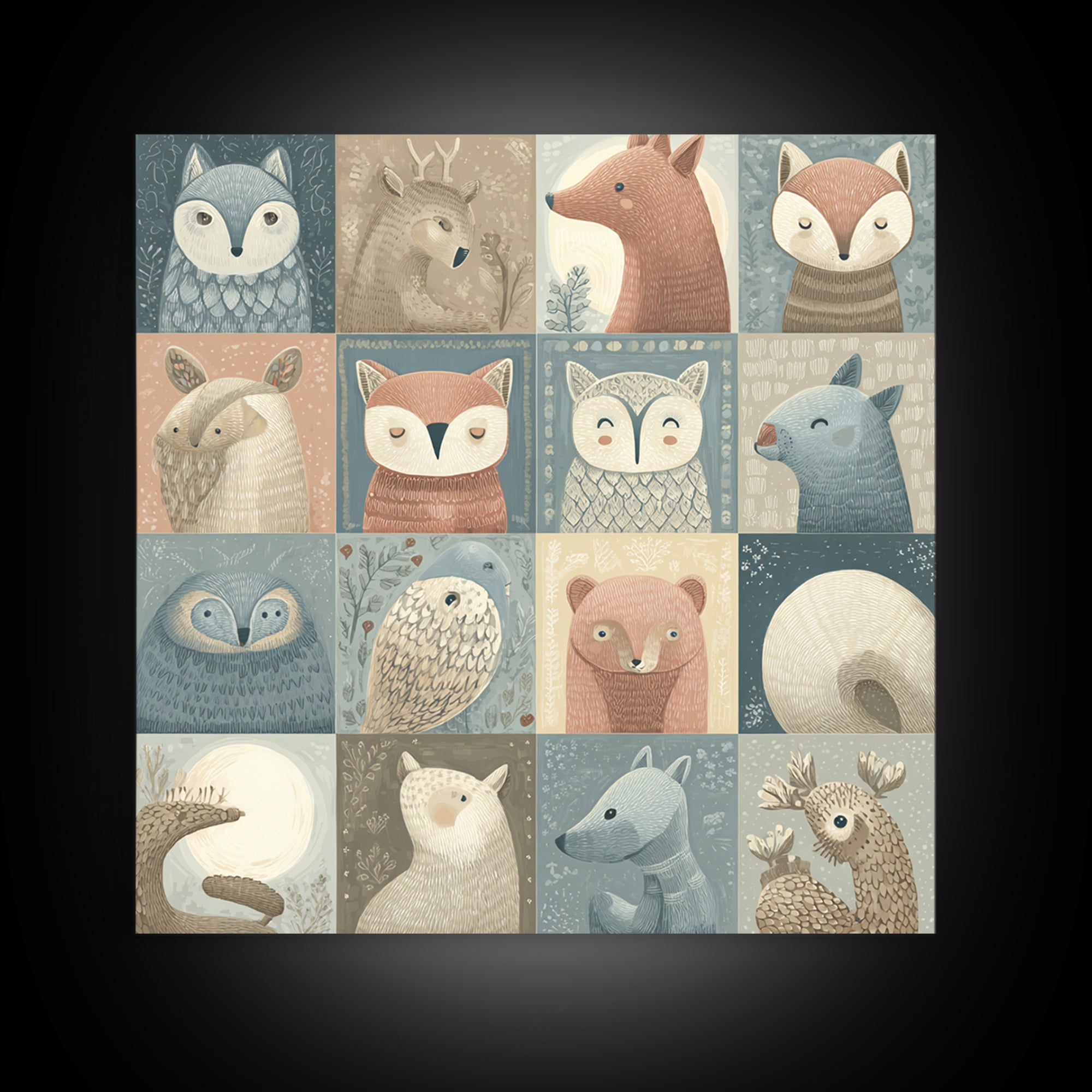 Woodland Animal Parade Framed Canvas Print, Nursery Decor, Wall Light, Fine Art, Nursery, Statement Artwork, Boho Decor, NDE-1x1-2