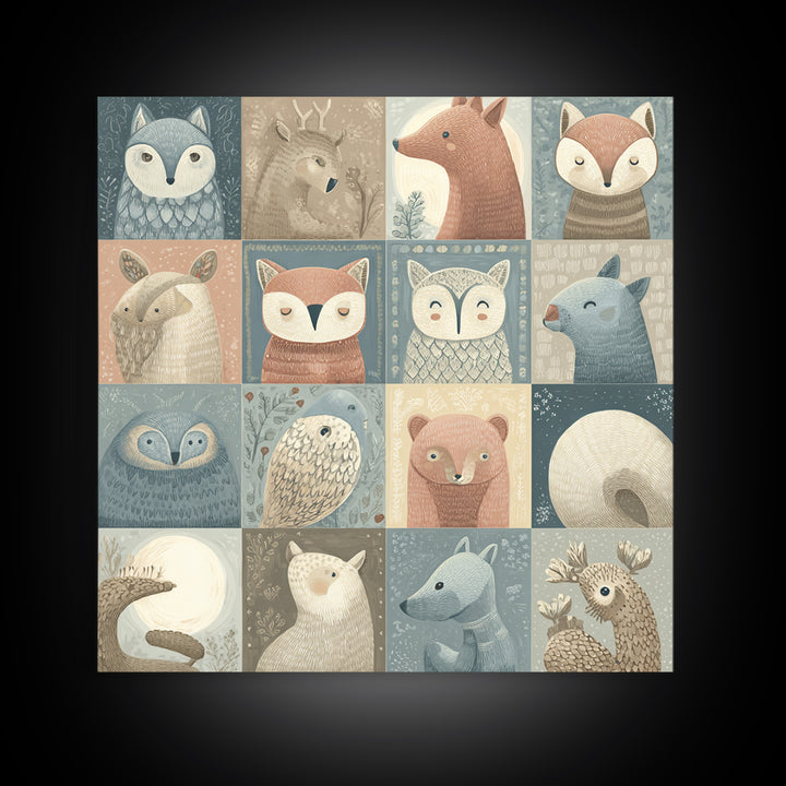 Woodland Animal Parade Framed Canvas Print, Nursery Decor, Wall Light, Fine Art, Nursery, Statement Artwork, Boho Decor, NDE-1x1-2