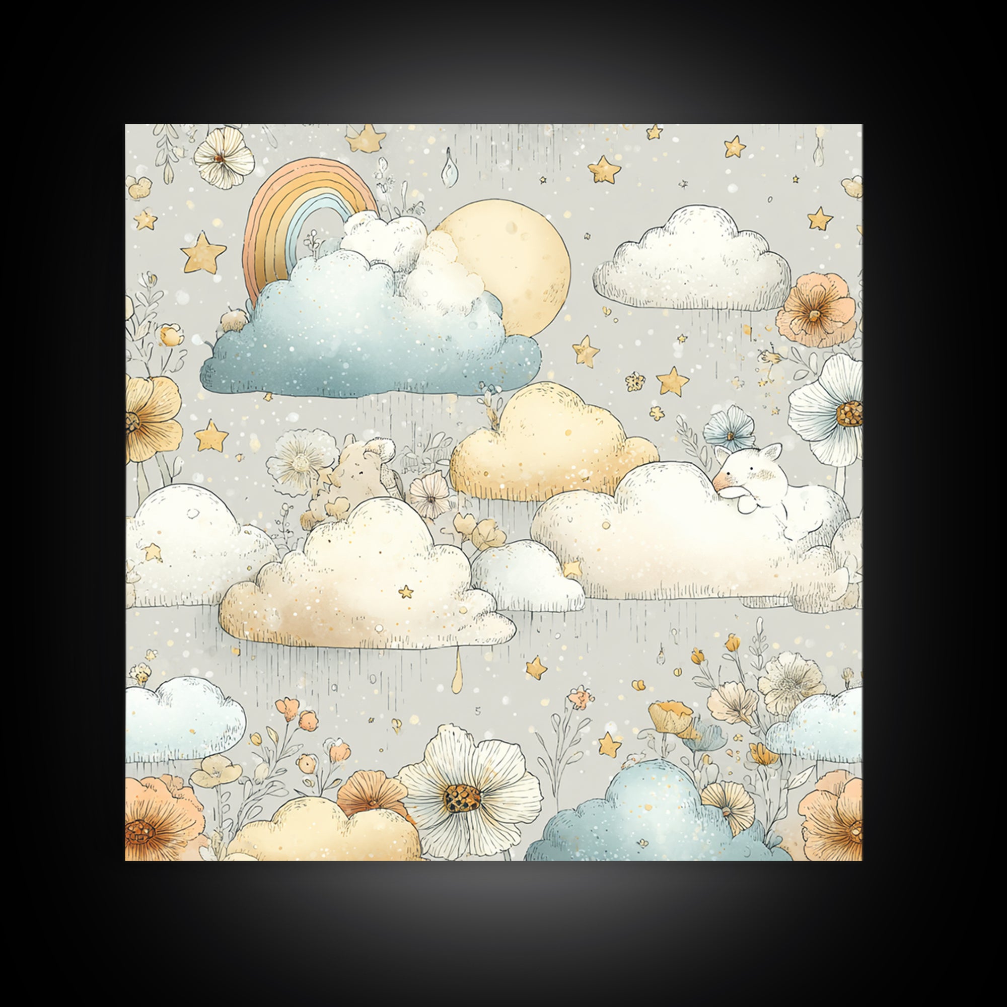 Cloud Rainbow and Raindrop Composition Canvas Print, Nursery Decor, Canvas, Fine Art, Nursery, Playroom Decor, Floral Wall Art, NDE-1x1-20