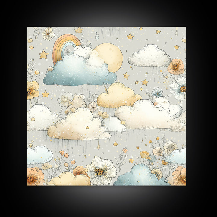 Cloud Rainbow and Raindrop Composition Canvas Print, Nursery Decor, Canvas, Fine Art, Nursery, Playroom Decor, Floral Wall Art, NDE-1x1-20