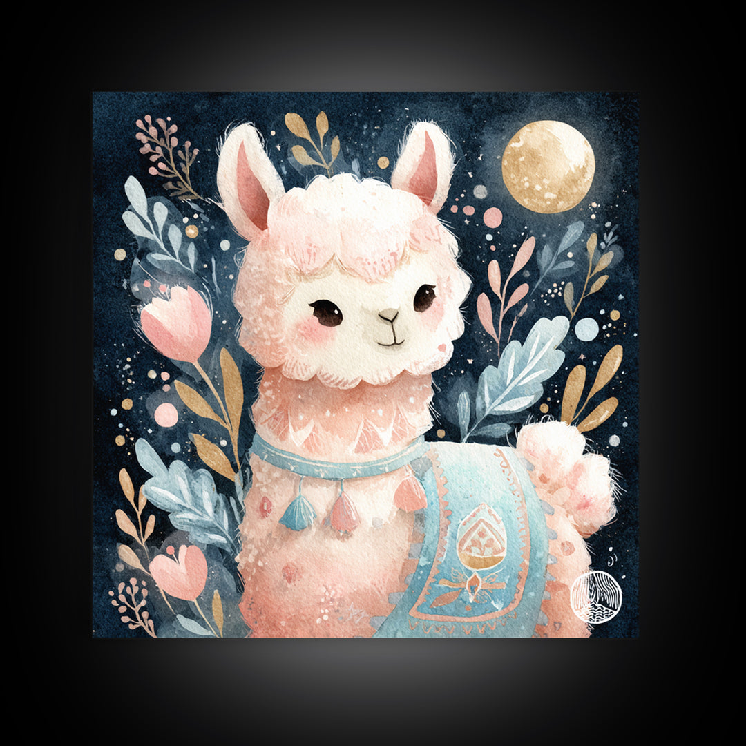 Cute Llama with Blanket Pattern Framed Canvas Print, Nursery Decor, Neutral Decor, Fine Art, Nursery, Home Decor, Wall Decor, NDE-1x1-21