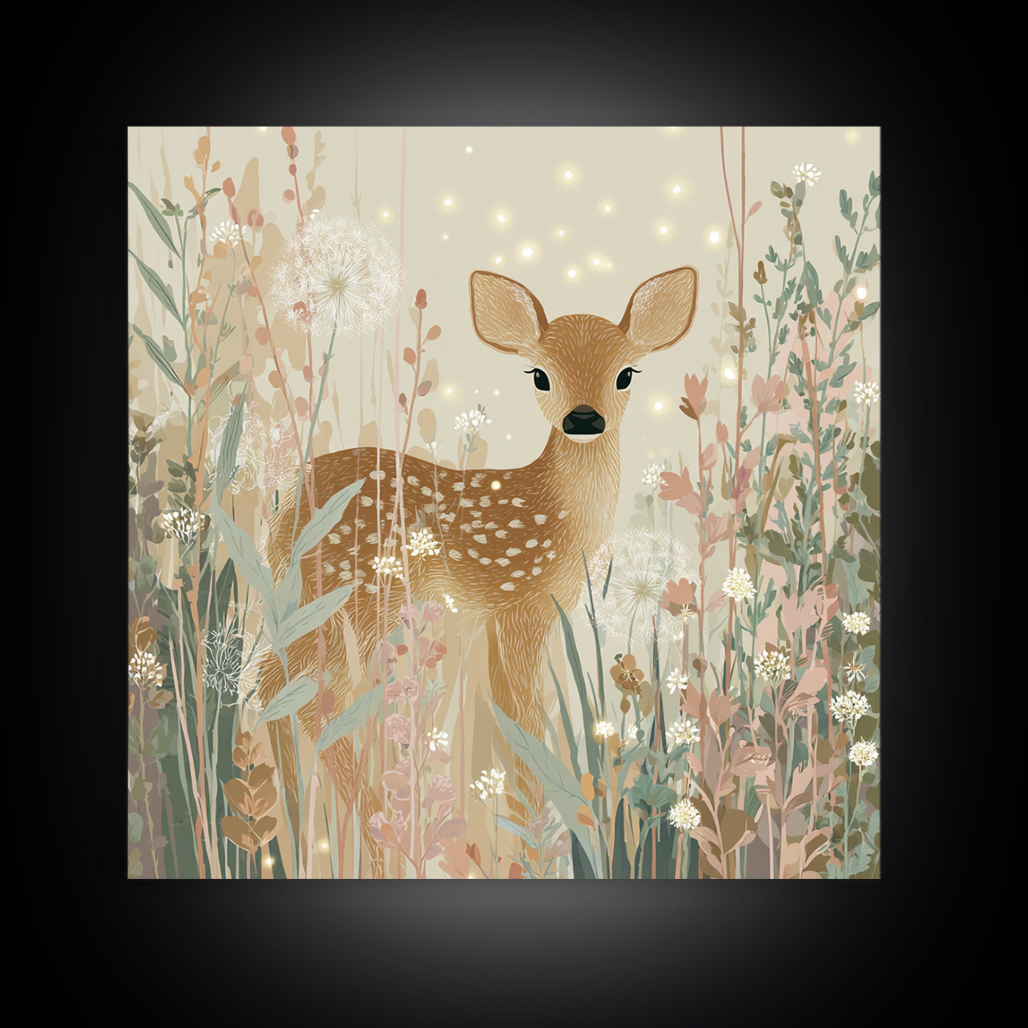 Baby Deer in Meadow with Fireflies Canvas Print, Nursery Decor, Floral Wallpaper, Nursery, Fine Art Print, Statement Artwork, NDE-1x1-22