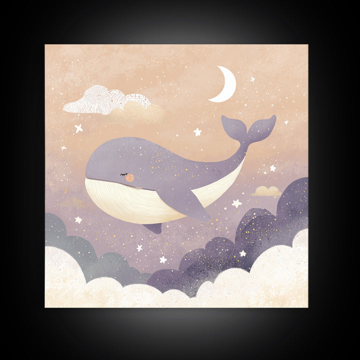 Baby Whale Swimming Through Stars Framed Canvas Print, Nursery Decor, Gallery Decor, Fine Art, Nursery, Wall Art, Home Decor, NDE-1x1-32