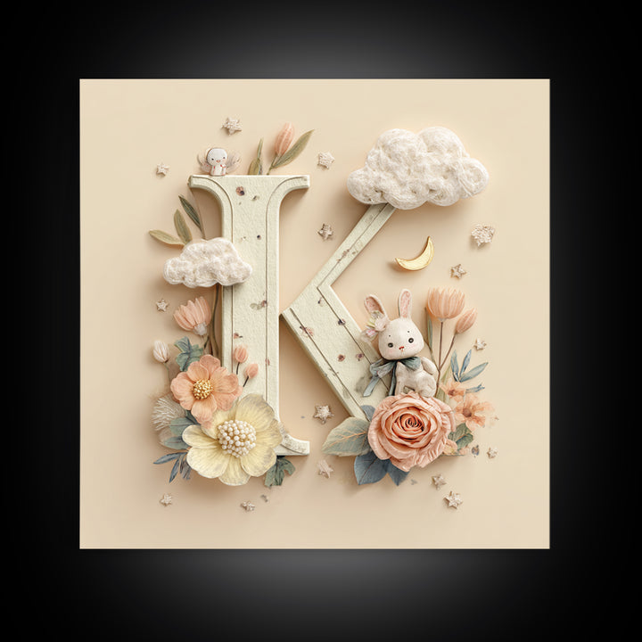 Soft Floral Initial Frame Without Letters Framed Canvas Print, Nursery Decor, Boy Nursery Decor, Fine Art, Nursery, NDE-1x1-34