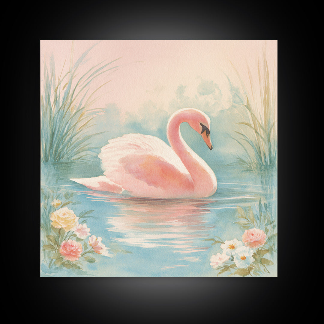 Pink Swan on Calm Pond Framed Canvas Print, Nursery Decor, Boho Decor, Oil Painting, Nursery, Nursery Wall Art, Framed Wall Art, NDE-1x1-37