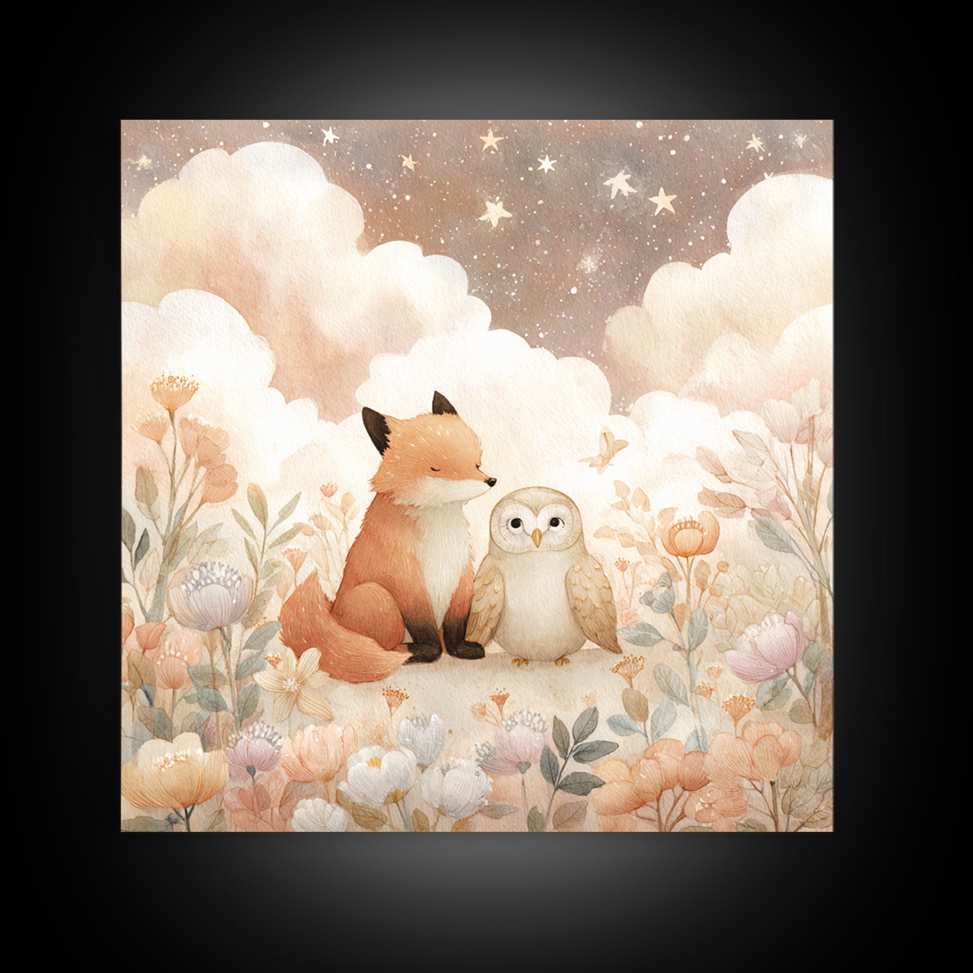 Fox and Owl Friends Framed Canvas Print, Nursery Decor, Gallery Decor, Fine Art, Nursery, Wall Art, Home Decor, Wall Decor, NDE-1x1-38