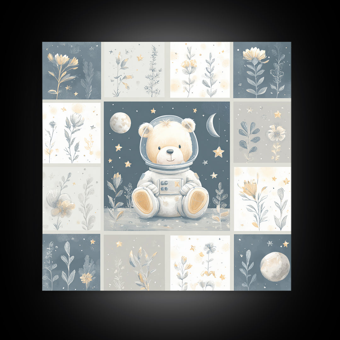 Little Astronaut Bear Framed Canvas Print, Nursery Decor, Safari Nursery Decor, Fine Art, Nursery, Modern Decor, Fine Art Print, NDE-1x1-39