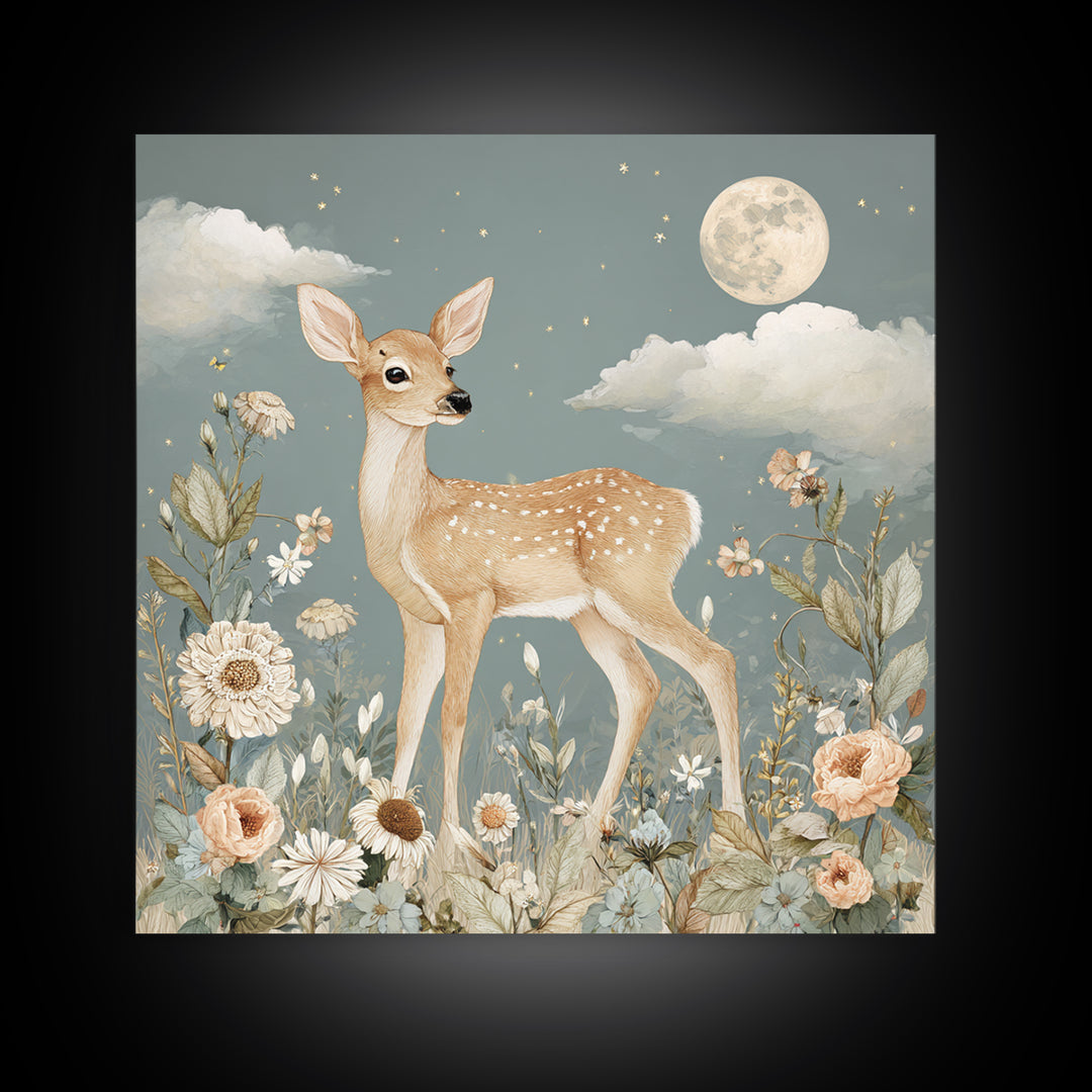 Baby Deer in Meadow with Fireflies Framed Canvas Print, Nursery Decor, Nursery Wall Decals, Oil Painting, Nursery, NDE-1x1-46