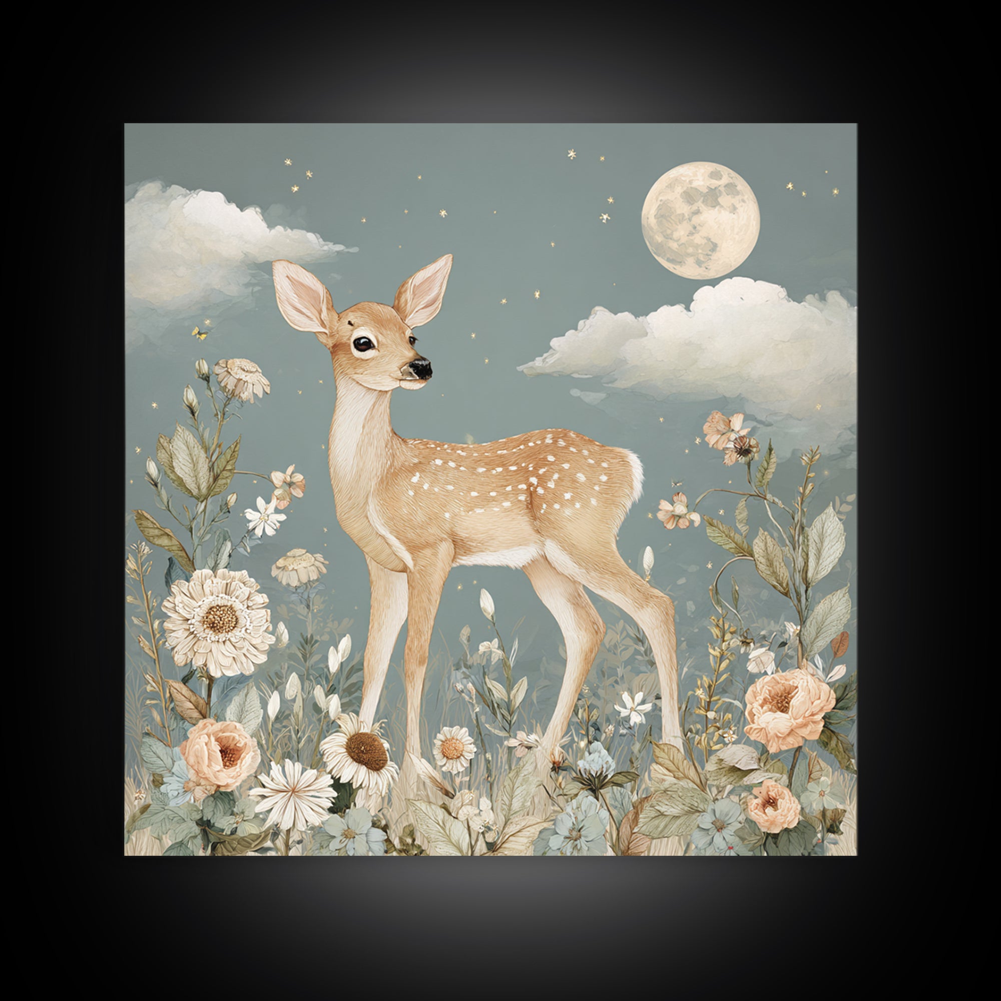 Baby Deer in Meadow with Fireflies Framed Canvas Print, Nursery Decor, Nursery Wall Decals, Oil Painting, Nursery, NDE-1x1-46