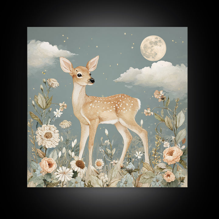 Baby Deer in Meadow with Fireflies Framed Canvas Print, Nursery Decor, Nursery Wall Decals, Oil Painting, Nursery, NDE-1x1-46