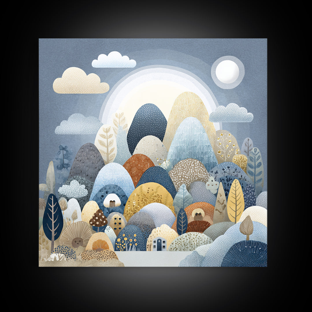Calm Mountain Nursery Landscape Framed Canvas Print, Nursery Decor, Art Print, Oil Painting, Nursery, Woodland Nursery Decor, NDE-1x1-48