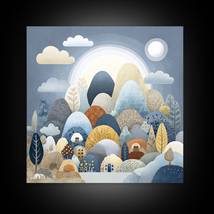 Calm Mountain Nursery Landscape Framed Canvas Print, Nursery Decor, Art Print, Oil Painting, Nursery, Woodland Nursery Decor, NDE-1x1-48
