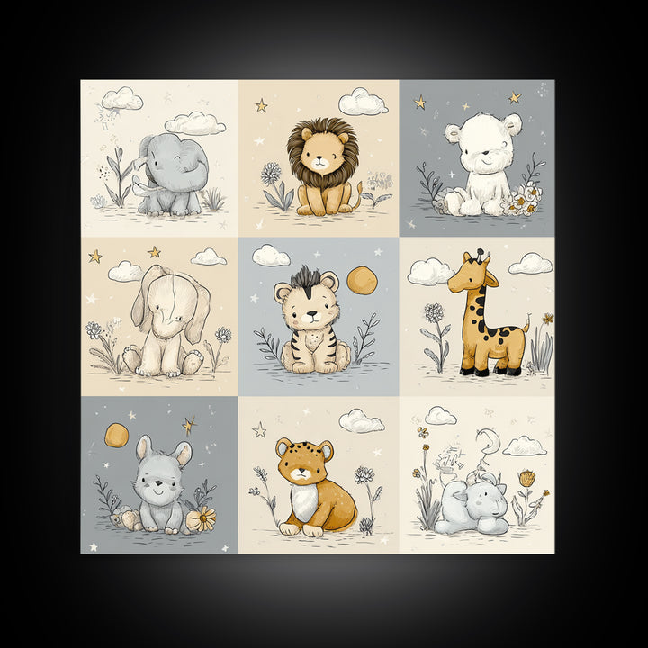Cute Safari Animals Framed Canvas Print, Nursery Decor, Floral Wall Art, Fine Art, Nursery, Gallery Decor, Neutral Decor, NDE-1x1-52