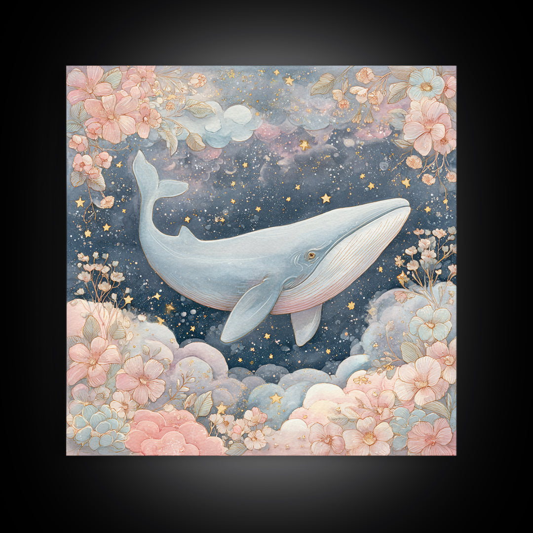 Baby Whale Swimming Through Stars Framed Canvas Print, Nursery Decor, Nursery, Fine Art, Nursery, Baby Girl Nursery Decor, NDE-1x1-56