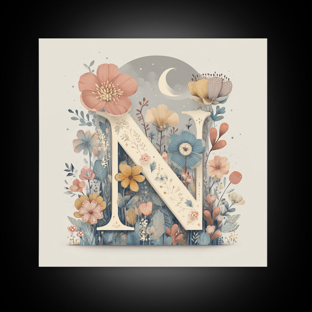 Soft Floral Initial Frame Without Letters Framed Canvas Print, Nursery Decor, Boy Nursery Decor, Fine Art, Nursery, NDE-1x1-58