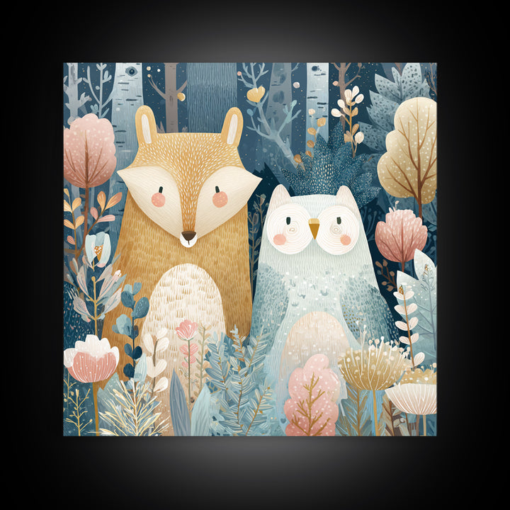 Fox and Owl Friends Framed Canvas Print, Nursery Decor, Gallery Decor, Fine Art, Nursery, Wall Art, Home Decor, Wall Decor, NDE-1x1-62