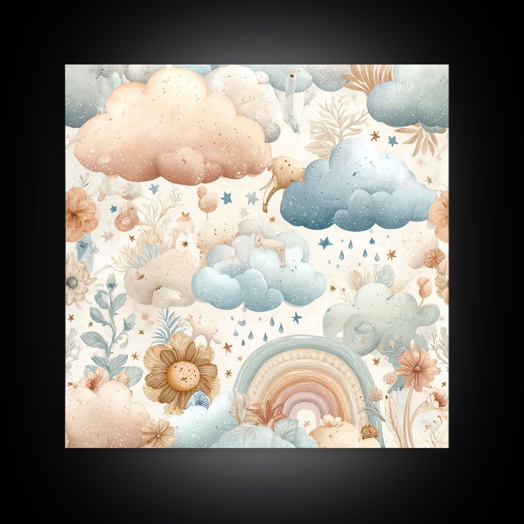 Cloud Rainbow and Raindrop Composition Framed Canvas Print, Nursery Decor, Wall Light, Fine Art, Nursery, Statement Artwork, NDE-1x1-68