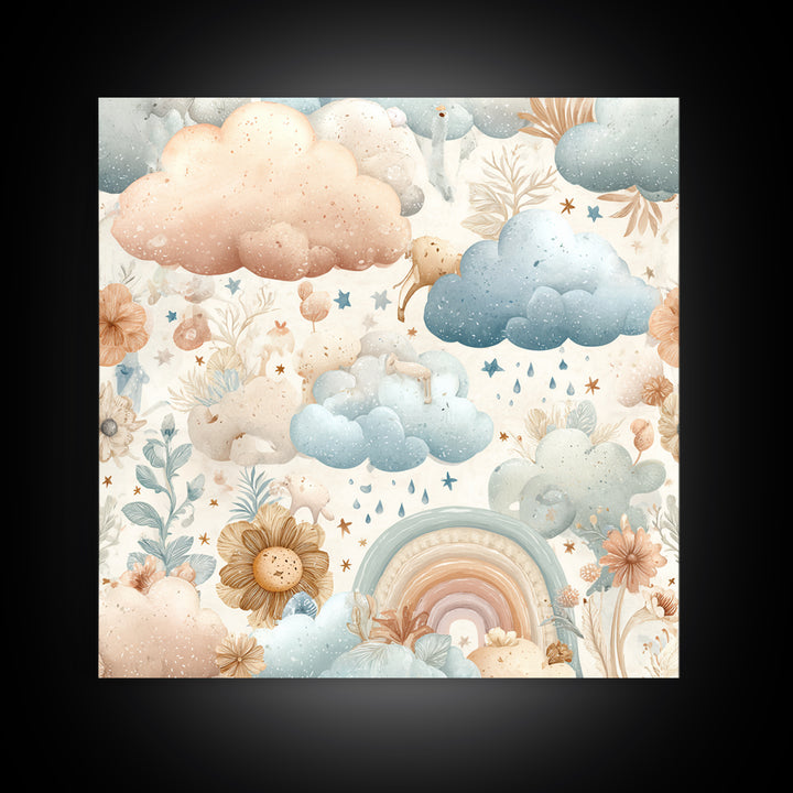Cloud Rainbow and Raindrop Composition Framed Canvas Print, Nursery Decor, Wall Light, Fine Art, Nursery, Statement Artwork, NDE-1x1-68