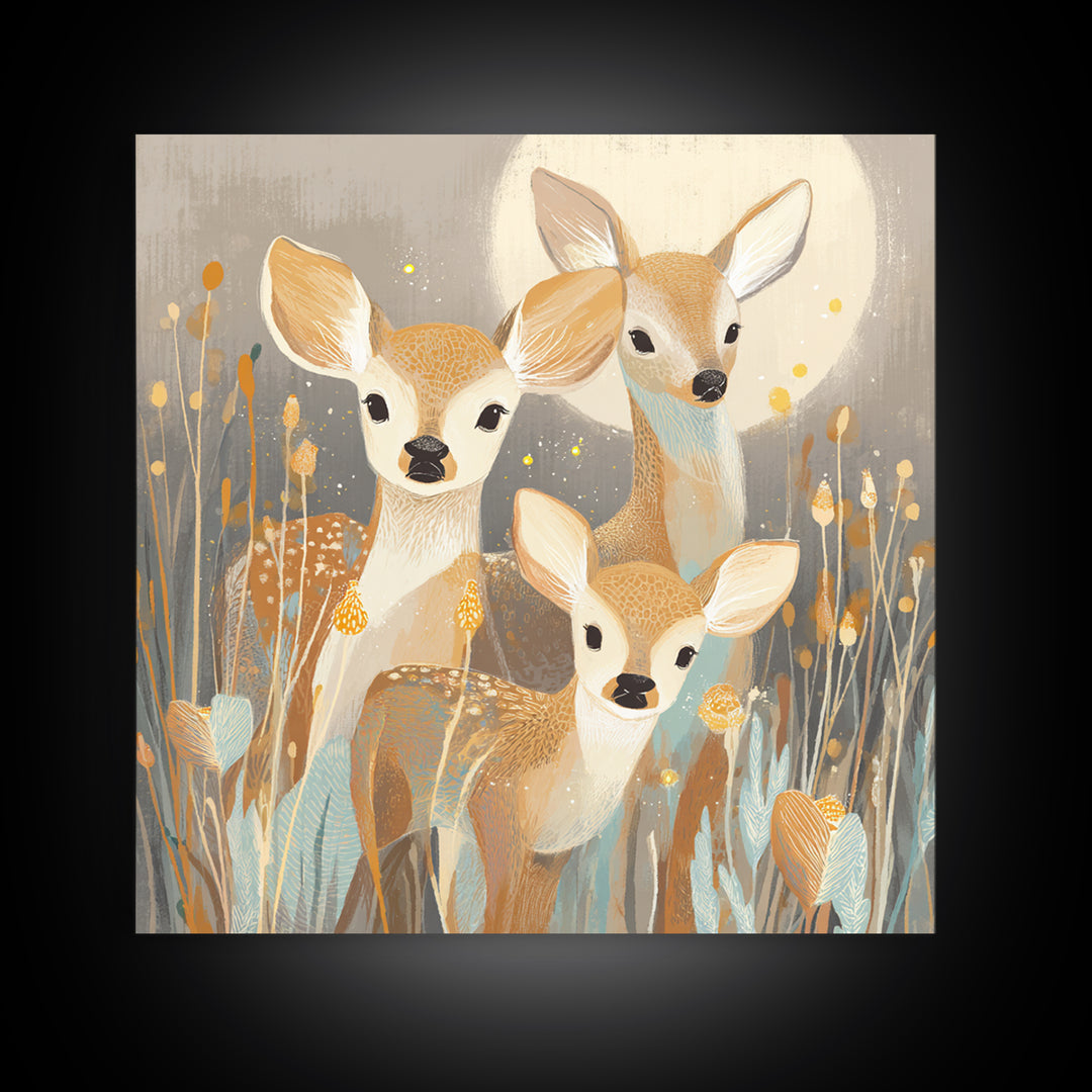 Baby Deer in Meadow with Fireflies Framed Canvas Print, Nursery Decor, Nursery Wall Decals, Oil Painting, Nursery, NDE-1x1-70