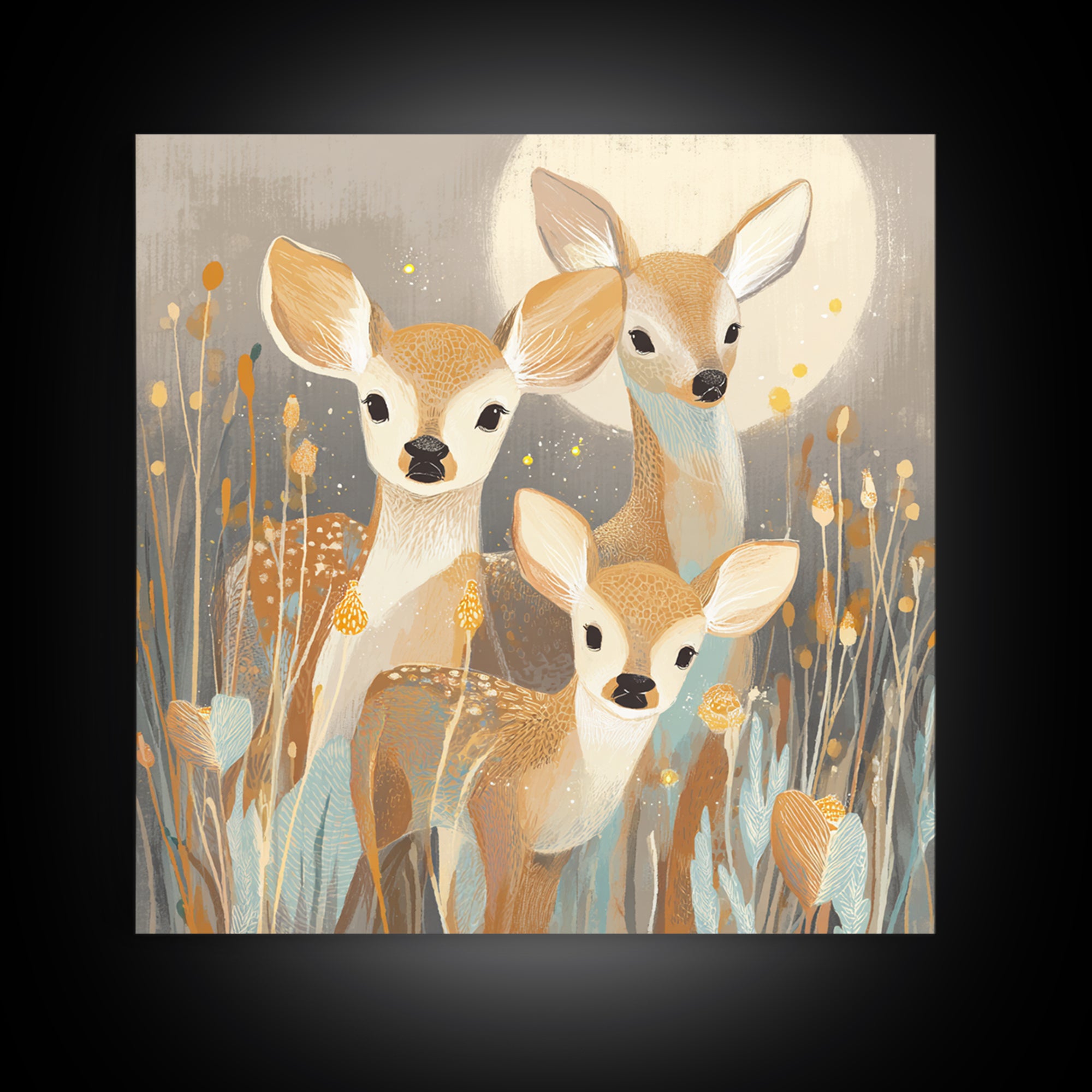 Baby Deer in Meadow with Fireflies Framed Canvas Print, Nursery Decor, Nursery Wall Decals, Oil Painting, Nursery, NDE-1x1-70