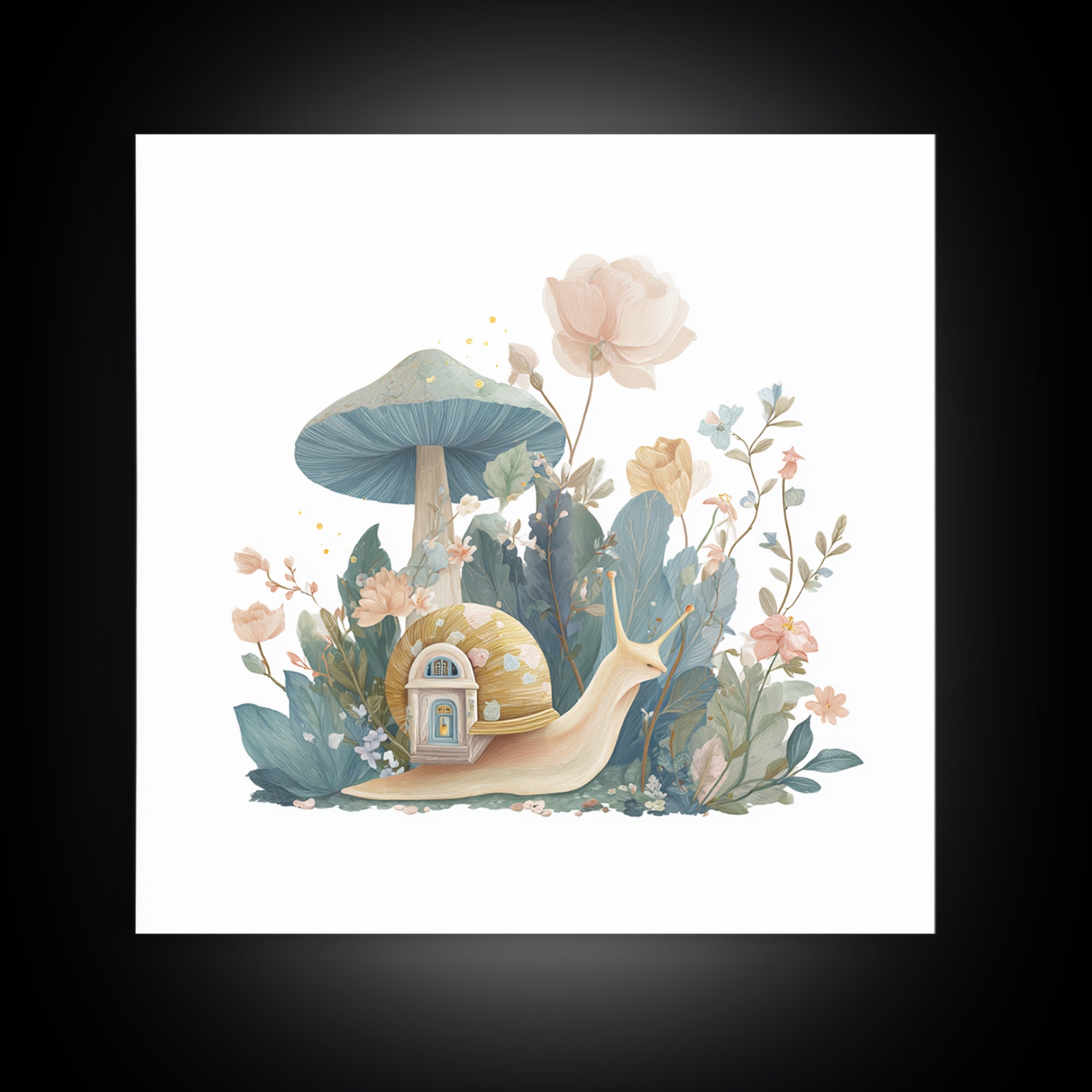 Garden Snail with Mushroom House Framed Canvas Print, Nursery Decor, Woodland Nursery, Watercolor Art, Nursery, NDE-1x1-71