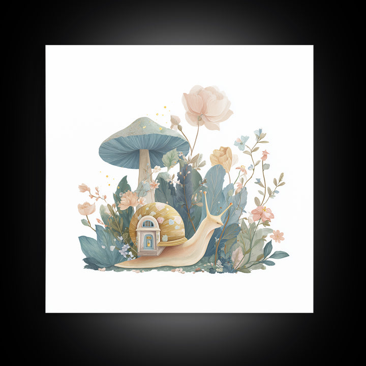 Garden Snail with Mushroom House Framed Canvas Print, Nursery Decor, Woodland Nursery, Watercolor Art, Nursery, NDE-1x1-71