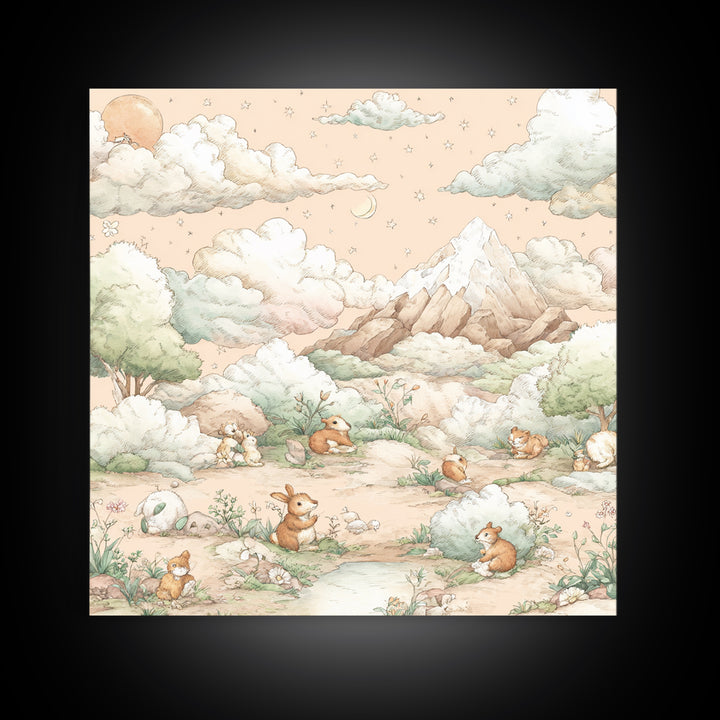 Calm Mountain Nursery Landscape Framed Canvas Print, Nursery Decor, Kids Wall Art, Fine Art, Nursery, Room Decor, NDE-1x1-72