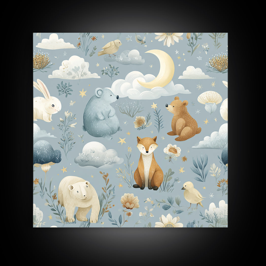 Woodland Animal Parade Framed Canvas Print, Nursery Decor, Fine Art Print, Fine Art, Nursery, Nursery Wall Art, NDE-1x1-74