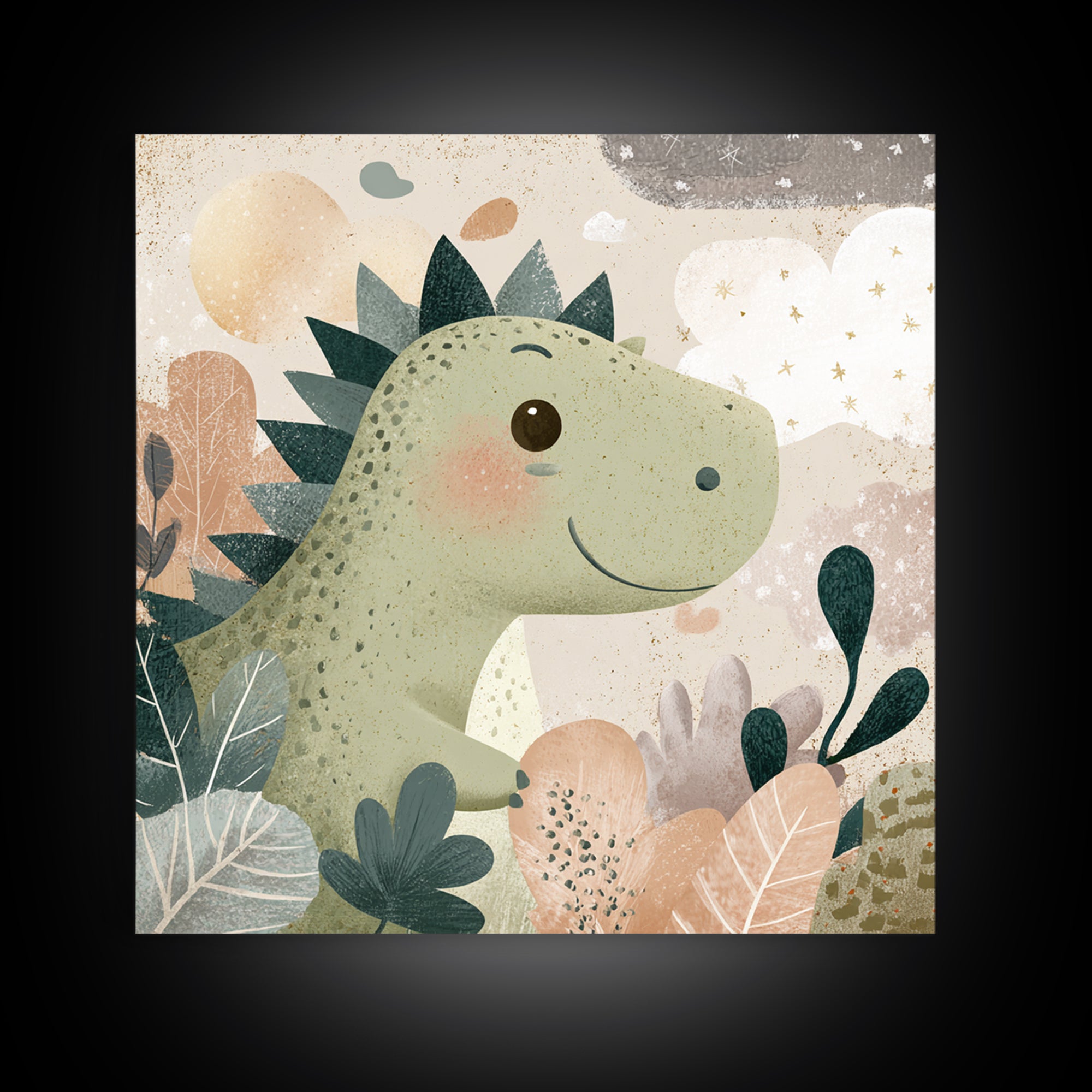 Gentle Dinosaur Family Framed Canvas Print, Nursery Decor, Boho Decor, Oil Painting, Nursery, Nursery Wall Art, Framed Wall Art, NDE-1x1-79