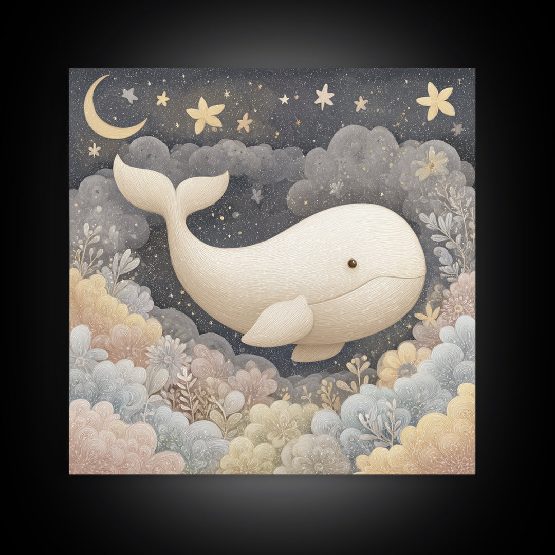 Baby Whale Swimming Through Stars Framed Canvas Print, Nursery Decor, Framed Wall Art, Fine Art, Nursery, Safari Nursery Decor, NDE-1x1-8