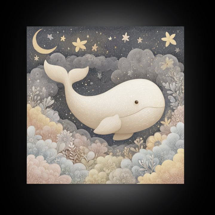 Baby Whale Swimming Through Stars Framed Canvas Print, Nursery Decor, Framed Wall Art, Fine Art, Nursery, Safari Nursery Decor, NDE-1x1-8