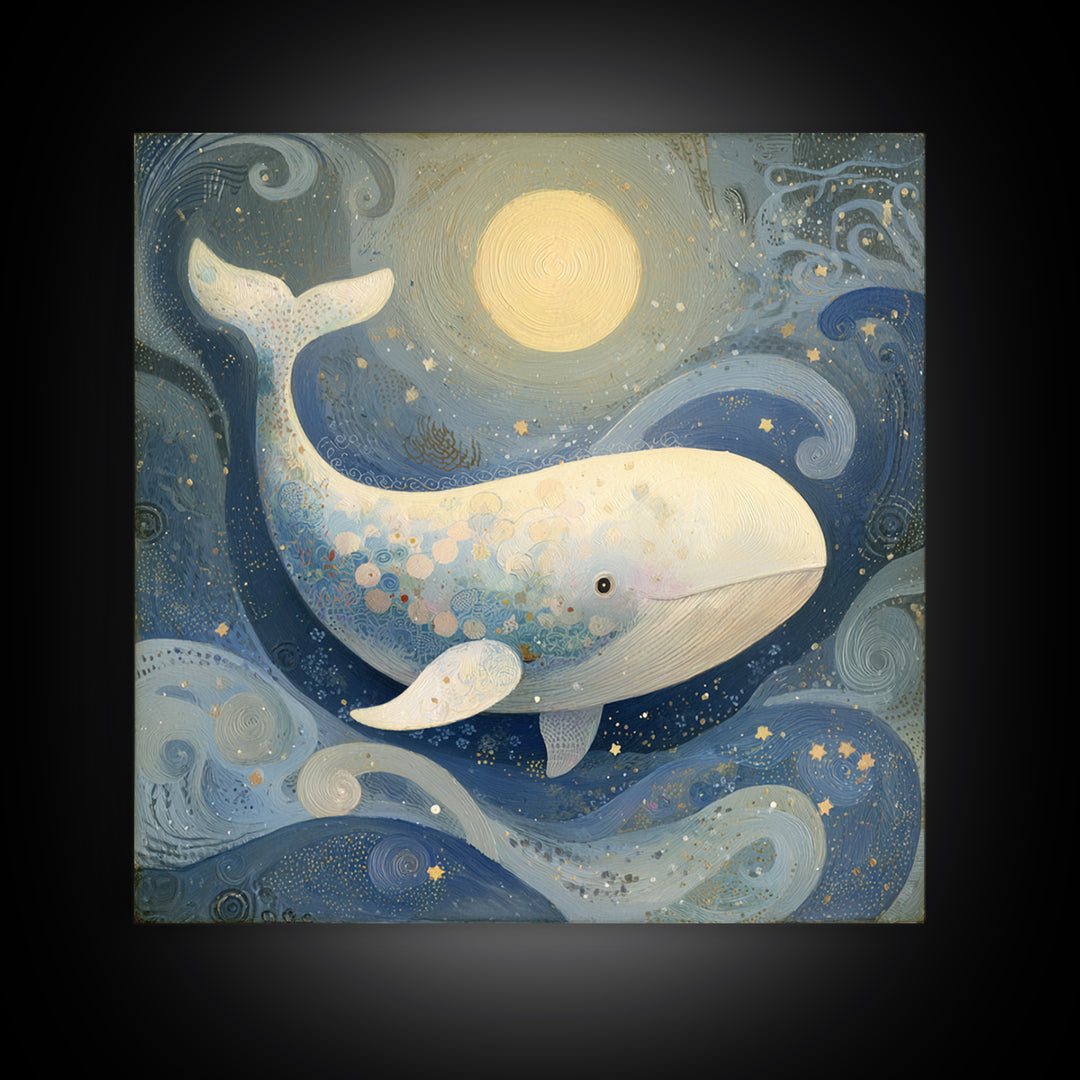 Baby Whale Swimming Through Stars Framed Canvas Print, Nursery Decor, Fine Art Print, Fine Art, Nursery, Printable Wall Art, NDE-1x1-80