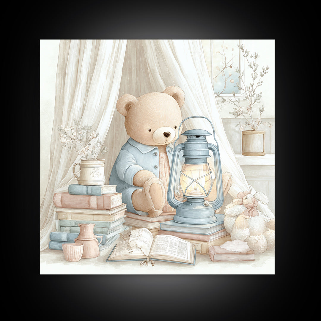 Storybook Bear with Little Lantern Canvas Print, Nursery Decor, Art Print, Fine Art, Nursery, Woodland Nursery Decor, NDE-1x1-81