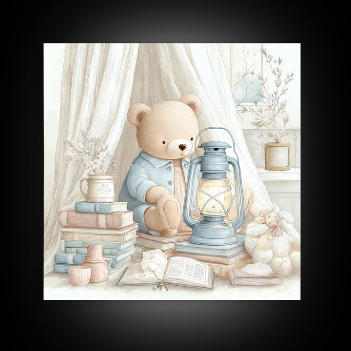 Storybook Bear with Little Lantern Canvas Print, Nursery Decor, Art Print, Fine Art, Nursery, Woodland Nursery Decor, NDE-1x1-81