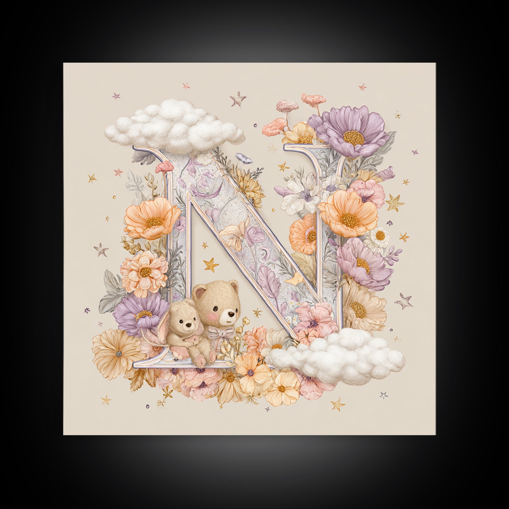 Soft Floral Initial Frame Without Letters Canvas Print, Nursery Decor, Boho Decor, Fine Art, Nursery, Nursery Wall Art, NDE-1x1-82