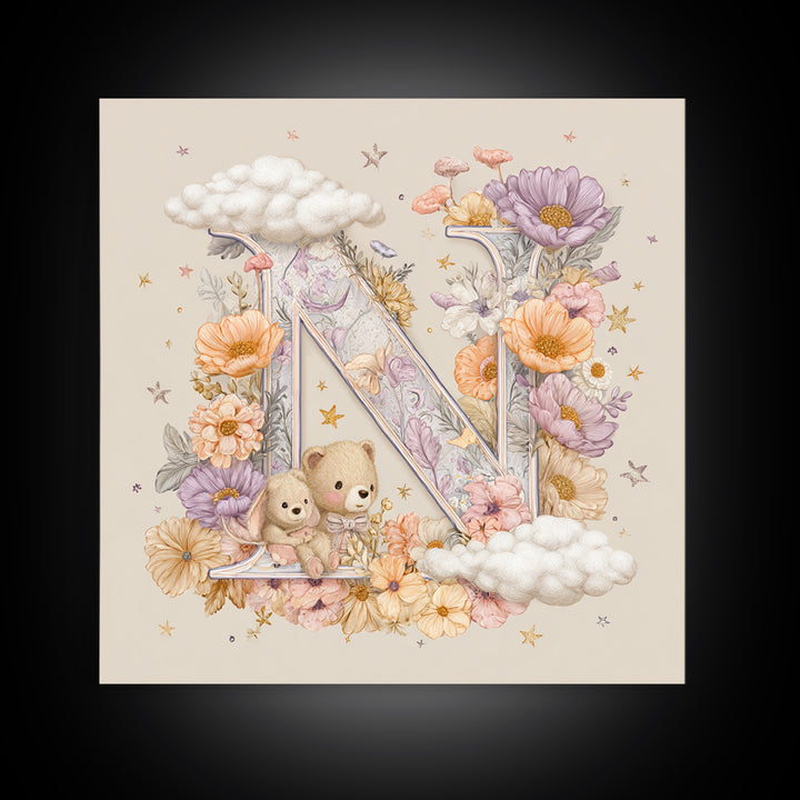 Soft Floral Initial Frame Without Letters Canvas Print, Nursery Decor, Boho Decor, Fine Art, Nursery, Nursery Wall Art, NDE-1x1-82