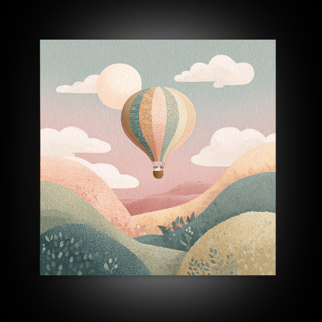 Hot Air Balloon Drifting Framed Canvas Print, Nursery Decor, Kids Wall Art, Abstract Art, Nursery, Room Decor, NDE-1x1-84