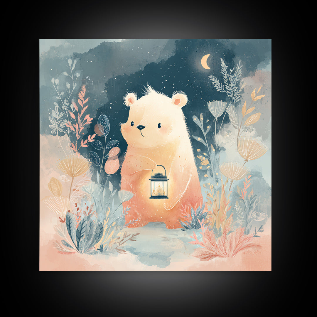Storybook Bear with Little Lantern Canvas Print, Nursery Decor, Statement Artwork, Fine Art, Nursery, Printable Wall Art, NDE-1x1-9