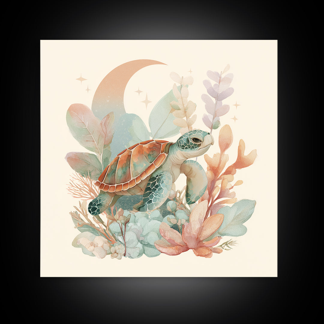 Tiny Turtle with Sea Plants Canvas Print, Nursery Decor, Room Decor, Fine Art, Nursery, Framed Wall Art, Bedroom Decor, NDE-1x1-91