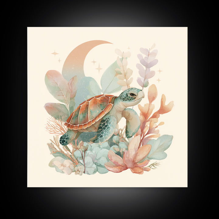Tiny Turtle with Sea Plants Canvas Print, Nursery Decor, Room Decor, Fine Art, Nursery, Framed Wall Art, Bedroom Decor, NDE-1x1-91