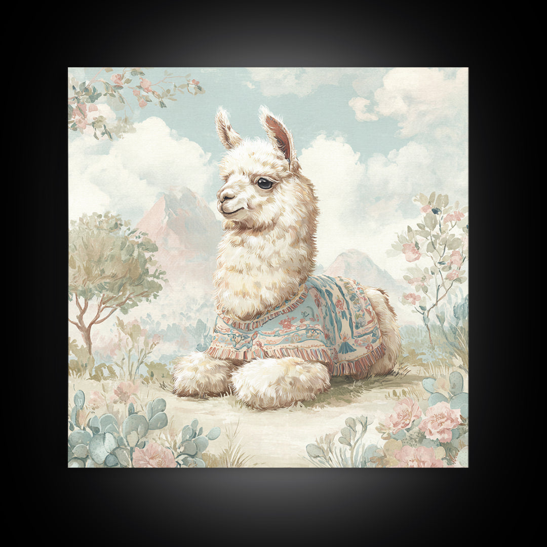 Cute Llama with Blanket Pattern Framed Canvas Print, Nursery Decor, Wall Art, Oil Painting, Nursery, Nursery Wall Decor, NDE-1x1-93