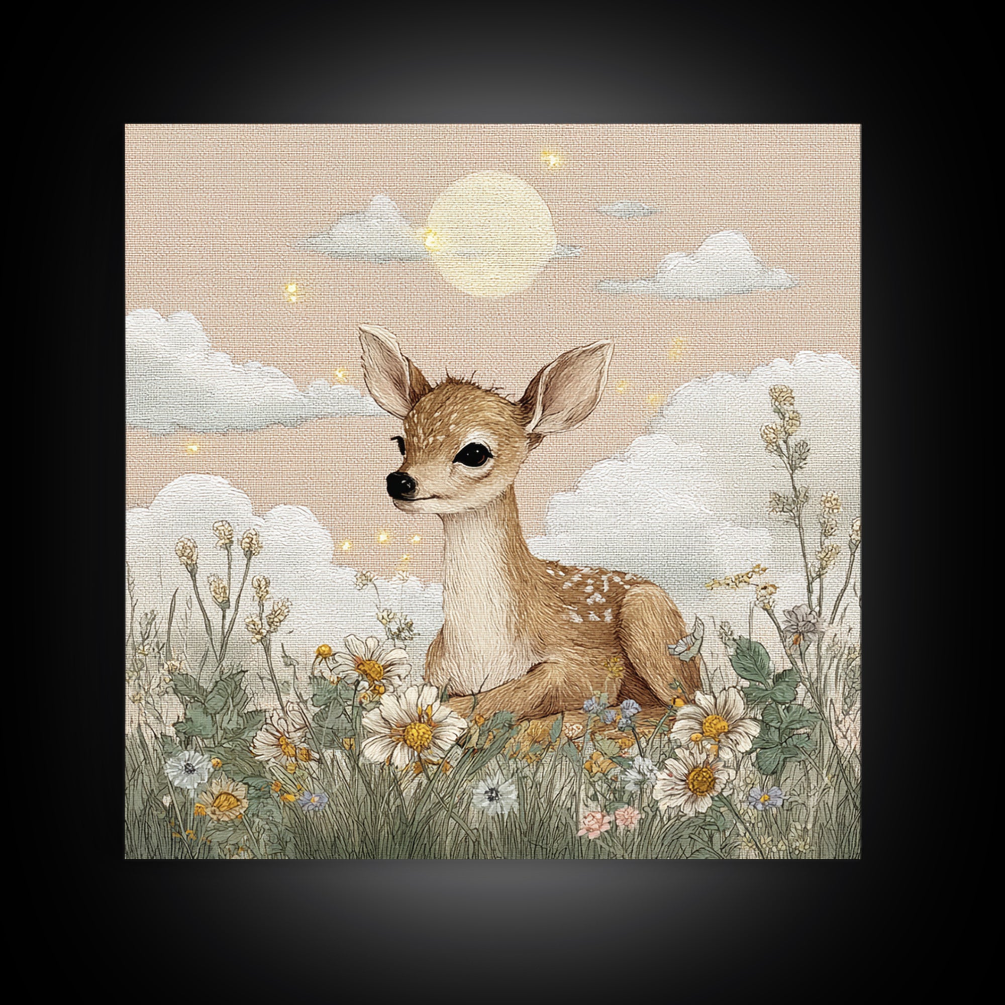 Baby Deer in Meadow with Fireflies Canvas Print, Nursery Decor, Modern Decor, Fine Art, Nursery, Wall Decor, Art Print, NDE-1x1-94