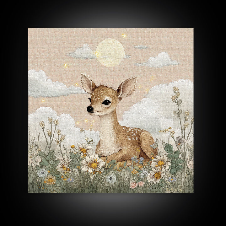 Baby Deer in Meadow with Fireflies Canvas Print, Nursery Decor, Modern Decor, Fine Art, Nursery, Wall Decor, Art Print, NDE-1x1-94