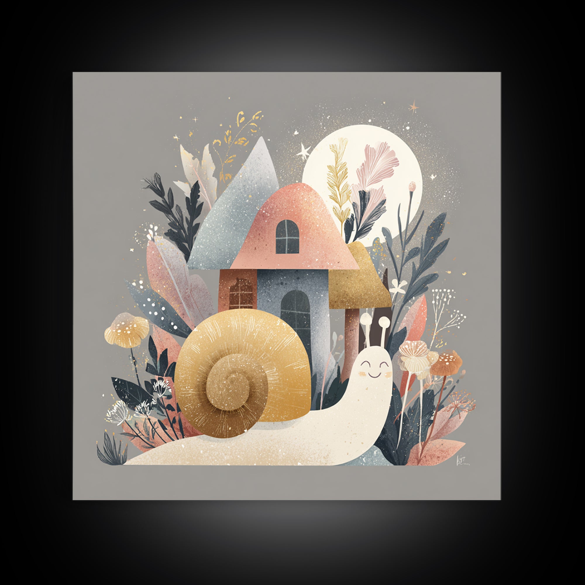 Garden Snail with Mushroom House Canvas Print, Nursery Decor, Fine Art Print, Watercolor Art, Nursery, Printable Wall Art, NDE-1x1-95