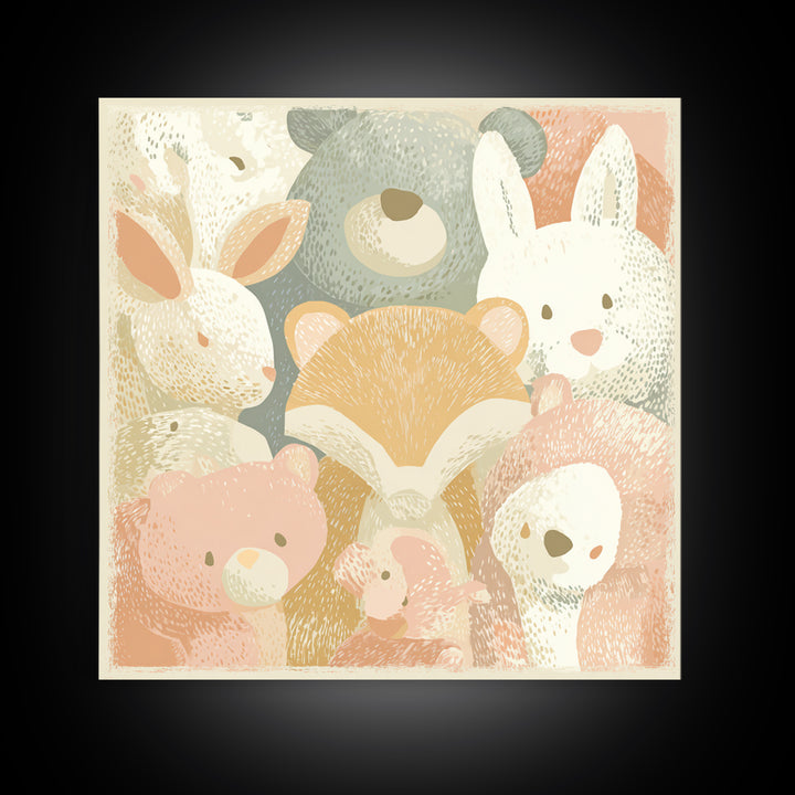 Woodland Animal Parade Canvas Print, Nursery Decor, Textured Painting, Nursery, Bedroom Decor, Wall Decal, Wall Decals, NDE-1x1-98